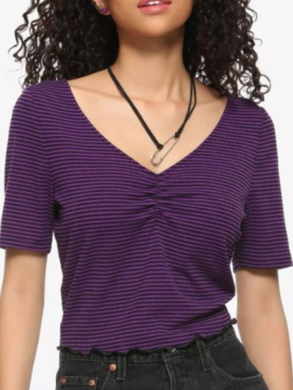 Hot Topic Womens Plus 2X Purple Black Striped Ribbed Ruched Lettuce Edge Top